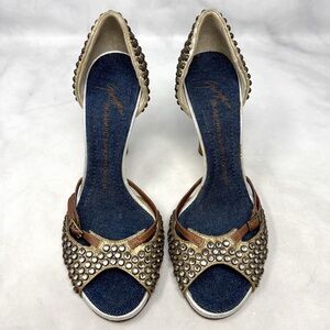 Giuseppe Zanotti Vicini Vintage Y2K Studded Leather Denim Block Heel Pumps 37